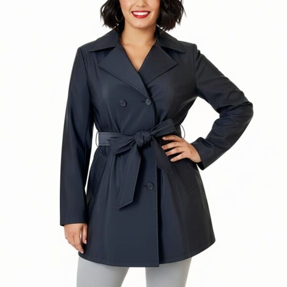 Colebrook VTG 90s Y2K PVC Black Waterproof Short Belted Trench Coat Jacket Sz S - Picture 1 of 9